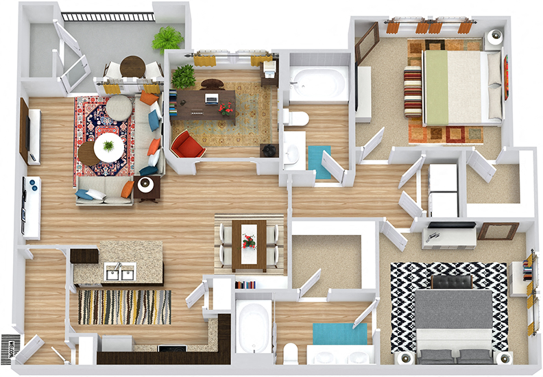 Floor plan for 2 beds, 2 baths, 1170 sqft